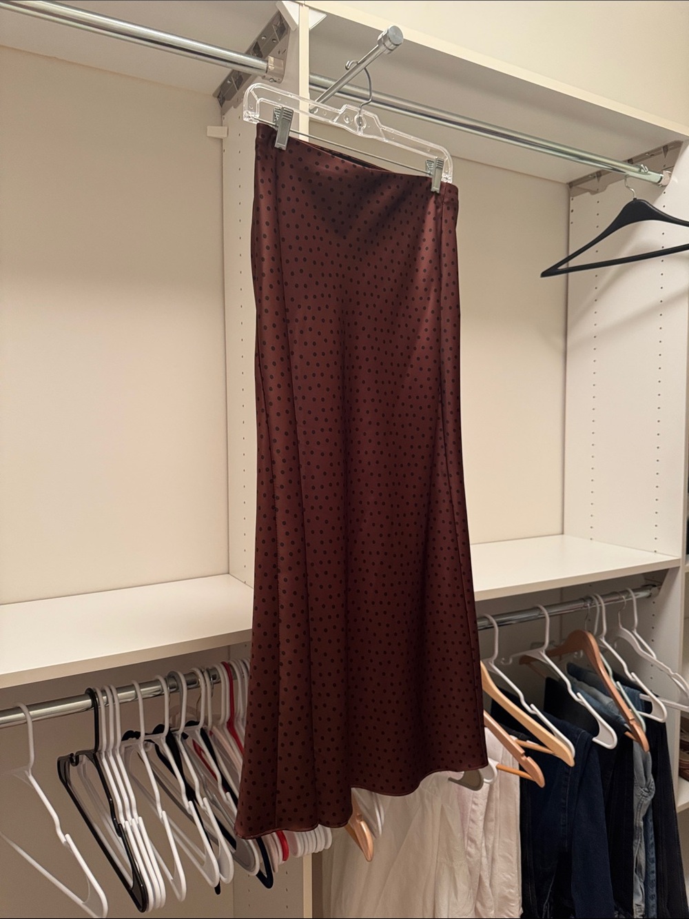 Zara Brown Satin Maxi Skirt with Black Polka Dots